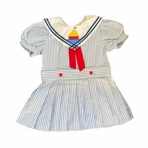 Vintage Pleated Sailboat Dress with Collar and Puff Sleeves